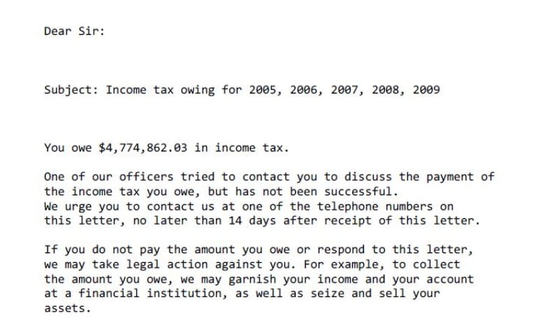 The top paragraphs of a typewritten letter, describing a multi-million dollar tax debt. 