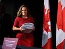 Minister of Finance Chrystia Freeland arrives at a news conference before the tabling of the Fall Economic Statement, in Ottawa, on Tuesday, Nov. 21, 2023. 