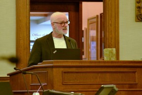 Howard Shubert, an architectural historian and member of Save Avon Crest, spoke about the importance of preserving Stratford’s heritage assets, not only to preserve the city’s history but also to protect the environment from the impacts of demolition and construction, and to boost local economic development by repurposing the building into something that would benefit the community like affordable housing. (Galen Simmons/The Beacon Herald)