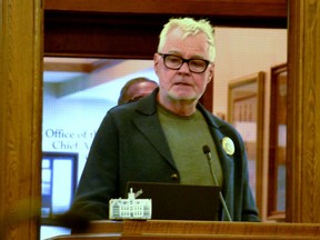 Robert Lemon speaks against the planned demolition of Avon Crest, Stratford's first public hospital, on behalf of the Architectural Conservancy of Ontario Stratford-Perth chapter at Monday's Startford council meeting. Lemon brought with him a model of the Avon Crest building he made with recycled materials that he has been using to teach area students about the importance of maintaining heritage buildings and the opportunities for adaptive reuse. (Galen Simmons/The Beacon Herald)